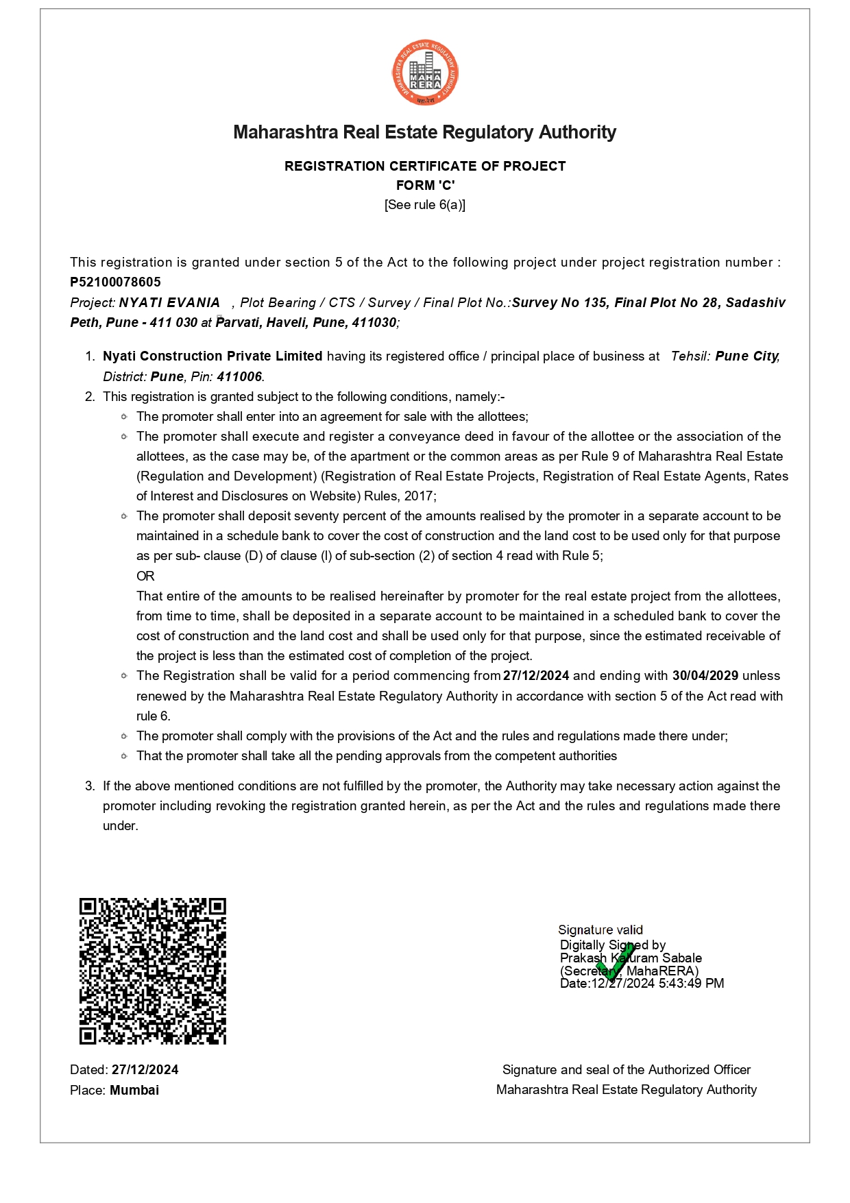 Nyati Evania MahaRERA certificate