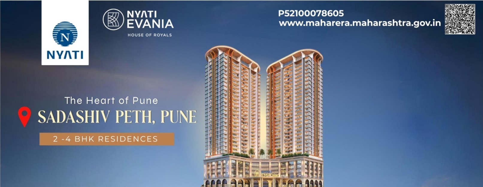 Nyati Evania Sadashiv Peth Pune elevation rendering showing luxury residential towers with a royal palace-inspired podium layout under a twilight sky